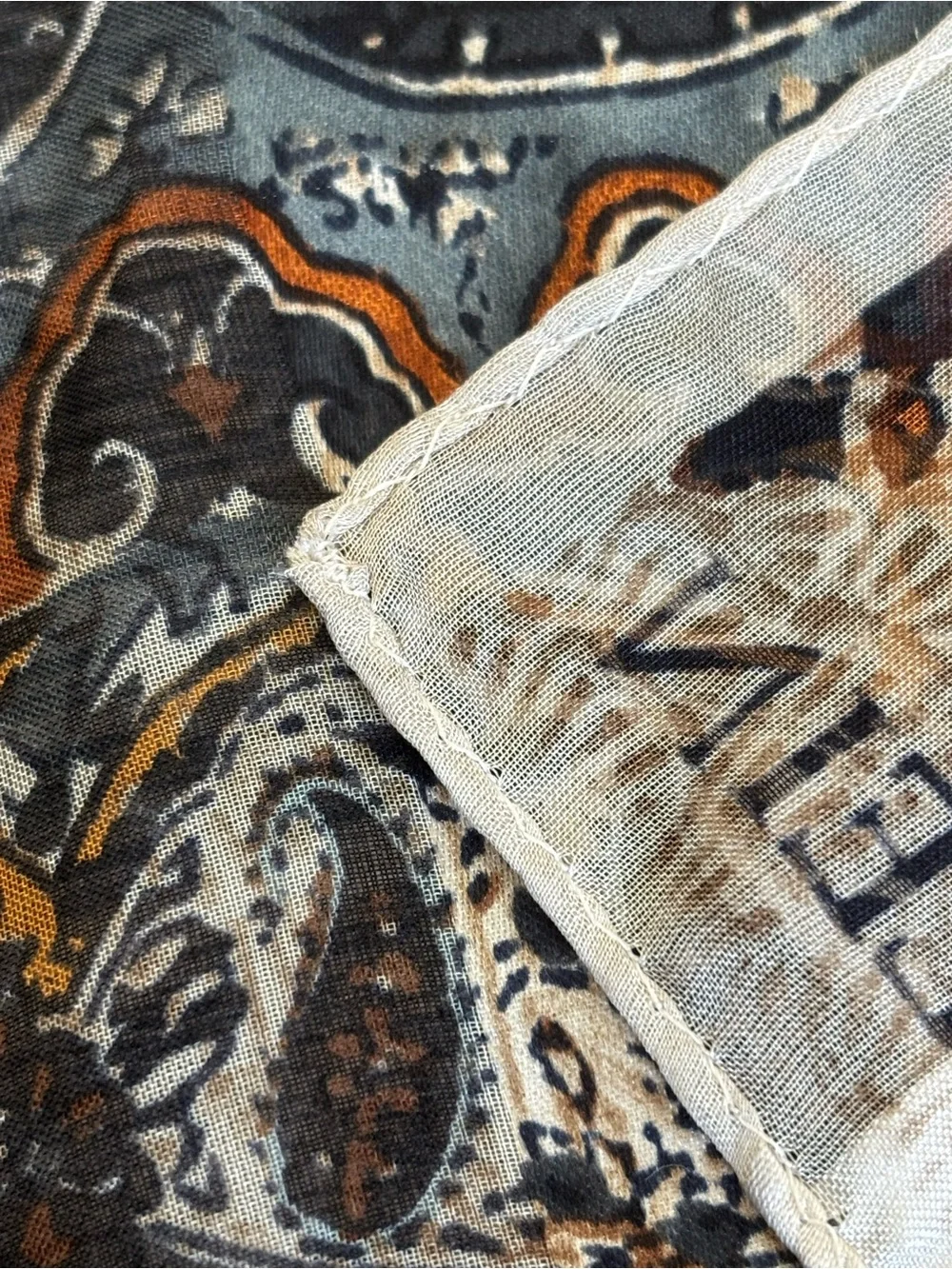 Anne Klein Cream Paisley Border Scarf with Blue & Brown Accents